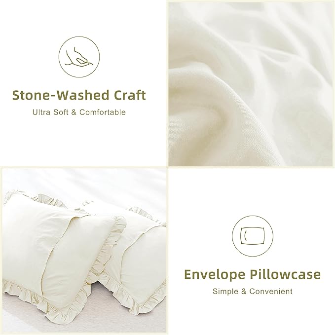 QSH Ruffled Comforter Queen Size, Shabby French Country Chic Bedding Ivory Comforter Sets, 3 Peices Farmhouse Lightweight Boho Comforter Set for Bed, Ultra Soft All Season Microfiber Fluffy Bedding