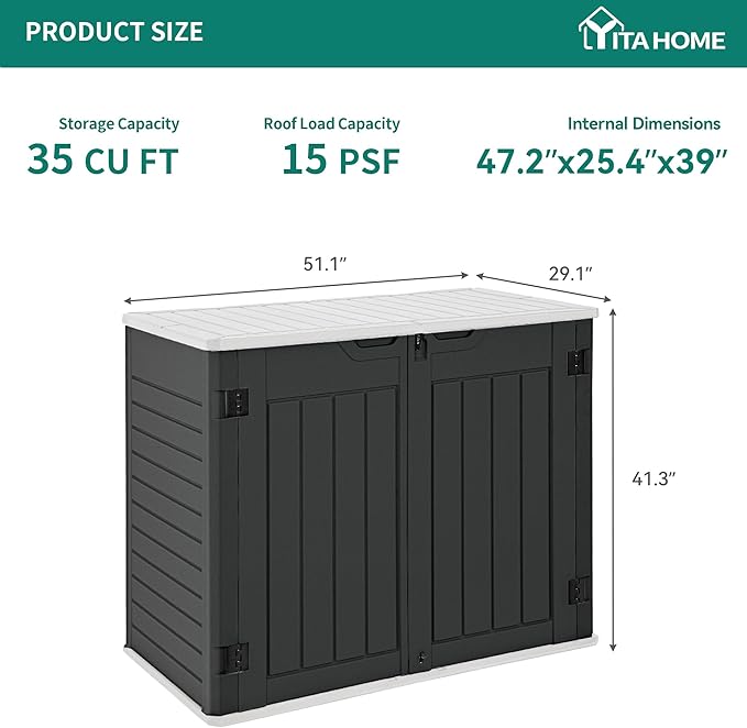 YITAHOME Outdoor Horizontal Storage Sheds w/o Shelf, Weatherproof Resin Tool Shed, Multi-Opening Door for Storage of Bike, Trash Cans, Garden Tools, 35 cu ft, Waterproof, Lockable, Dark Gray