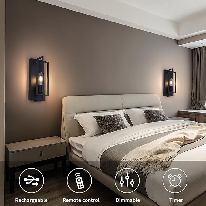 Wireless Battery Operated Wall Sconces Set of 2, Rechargeable Farmhouse Wall Light Fixture with Remote, Industrial Black Wall Lamp dimmable, Modern Indoor Lighting for Bedroom Living Room Hallway