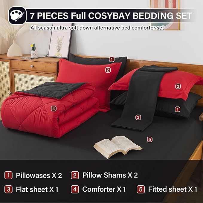 Cosybay Bed in a Bag King Reversible Comforter Sets 7pcs All Season Down Alternative Bedding Sets Red and Black with Comforter, Pillow Shams, Flat Sheet, Fitted Sheet and Pillowcase