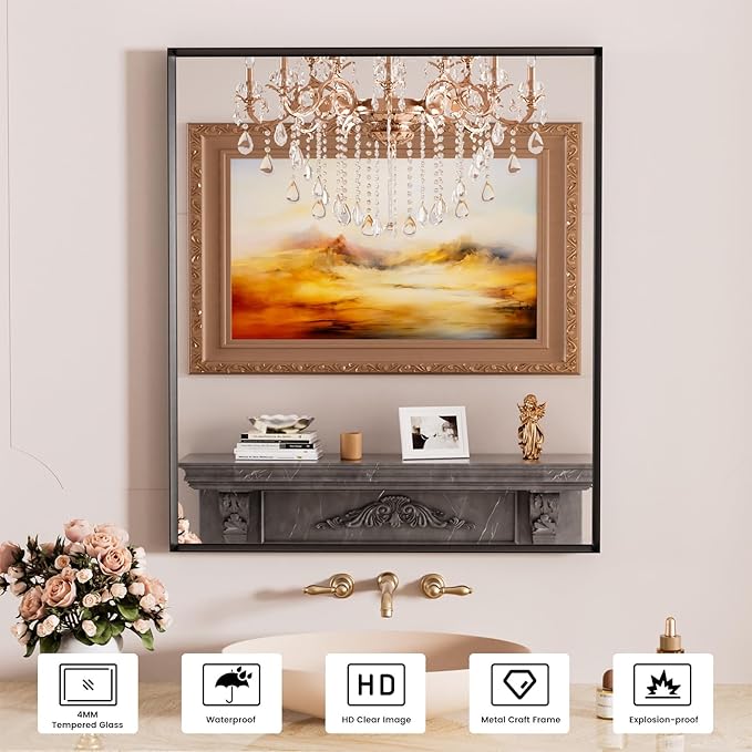 Black Bathroom Mirror, 24x28 inch Black Metal Vanity Mirror, Tempered Glass, Square Corner, Farmhouse, Entryway, Wall Mounted Rectangle Mirror(Vertical/Horizontal)