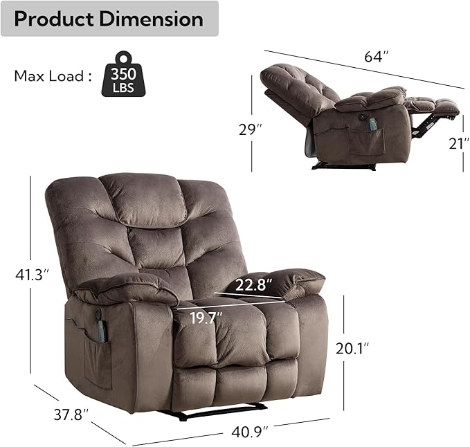 Oversized Power Recliner Chair with Massage and Heat Set of 2, 41" Wide Electric Reclining Chairs with USB Port, Breathable Fabric Overstuffed Reclining Sofa for Living Room Bedroom