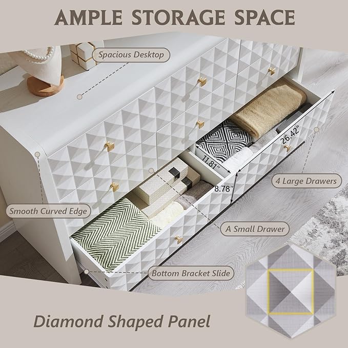 Modern 8 Drawer Dresser for Bedroom, Wooden Large Dressers &Chests of Drawers w/Two Different Drawer Sizes, Mid Century Modern Dresser w/Diamond Panel Decorate for Bedroom, Curved Profile Design,White