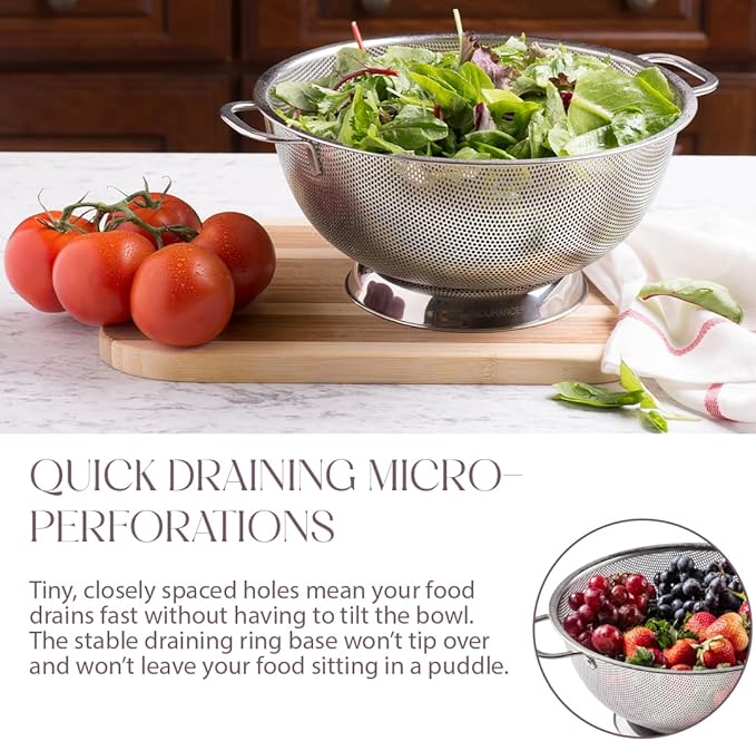 Bellemain Colander for Kitchen – 5 Qt Stainless Steel Strainer with Handle - 18/8 Pasta Strainer Bowl for Pasta, Spaghetti, Vegetables, Fruit, and Pot Draining - Stainless Steel Colander