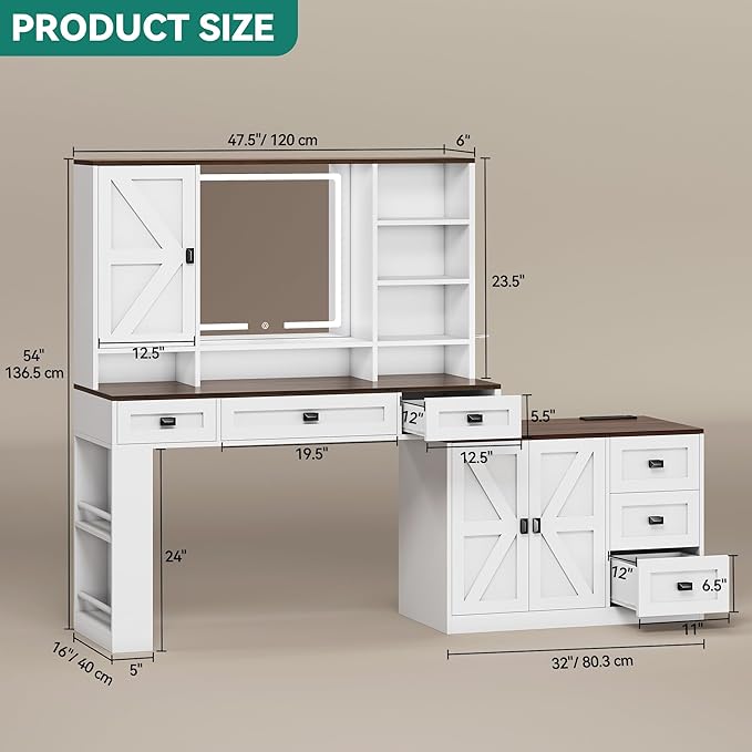 YITAHOME 48'' Farmhouse Makeup Vanity Desk with Mirror and Lights, 68'' 360° Rotation Big Modern Lighted Vanity Table with 6 Drawers & Lots Shelves, Rustic Large Dressing Table, Antique White