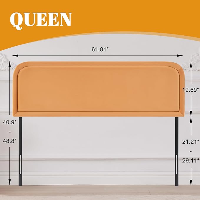Velvet Fabric Headboard Queen, Upholstered Headboard Queen Size Only, Dorm Bed Headboards from 41” to 49” Height, Sturdy and Durable Solid Wood Bed Head Board, Orange