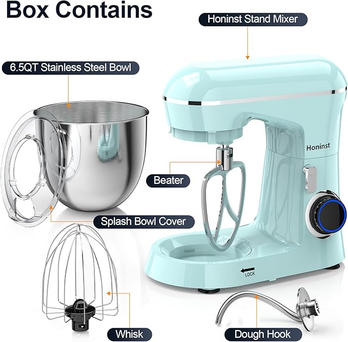 Stand Mixer, 6.5QT 10-Speed Tilt-Head Electric Stand Mixer, 3-In-1 Kitchen Mixer with Bowl, Dough Hook, Whisk and Beater, Food Mixer for Baking, Cake and Most Home Cooks, Blue