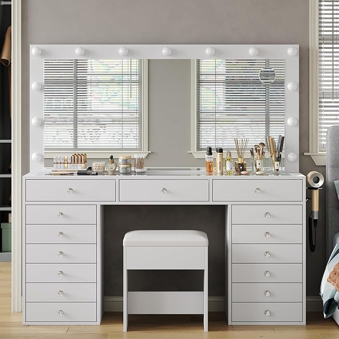 55" W Vanity Desk, Makeup Vanity with Charging Station, 15 Drawers with Lighted Mirror, 3 Lighting Modes, Brightness Adjustable, Glass Top, Vanity Table with Chair for Bedroom, White