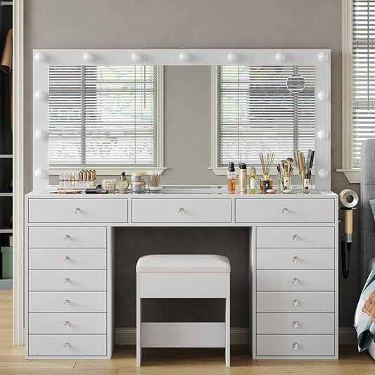 55" W Vanity Desk, Makeup Vanity with Charging Station, 15 Drawers with Lighted Mirror, 3 Lighting Modes, Brightness Adjustable, Glass Top, Vanity Table with Chair for Bedroom, White