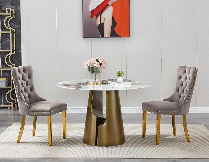 3-Piece Faux Marble Round Dining Table Set for 2, Modern Luxury Kitchen Table Set for 2 with Grey Tufted Chairs,Circle Dining Tables with Pandora Grain Top and Bronze Pedestal Base