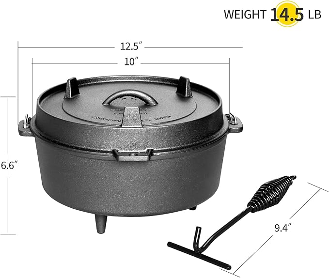 Pre-Seasoned Cast Iron Dutch Oven With Skillet Lid, Outdoor Camping Deep Pot for Camping Fireplace Cooking BBQ Baking Campfire, Leg Base, 4.5 Quart