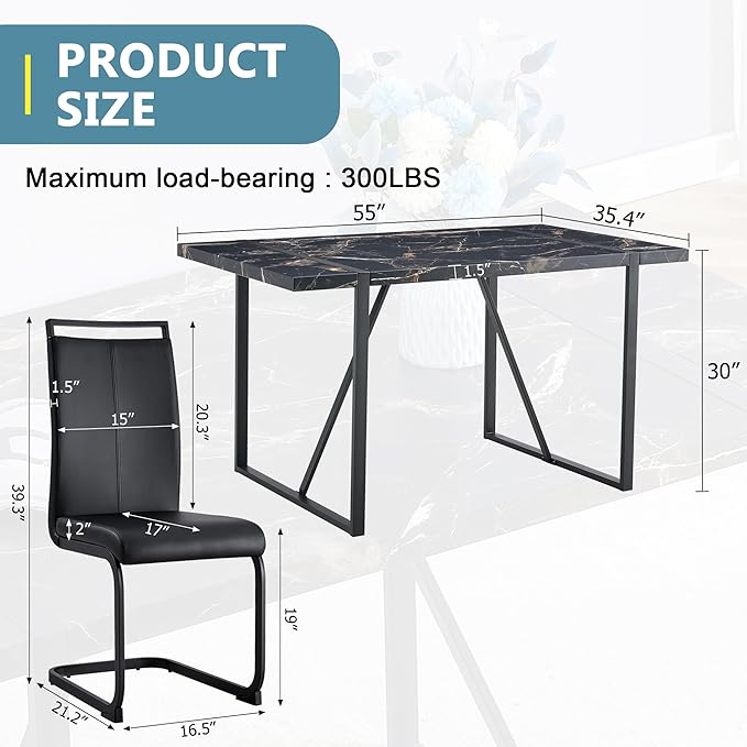 Dining Table Chairs Set for 4, Modern Rectangular Dining Room Table Set PU Leather Upholstered Dining Chairs 55" Dinner Table Set for Kitchen (B-Black, 55 inch Table + 4 Chairs)