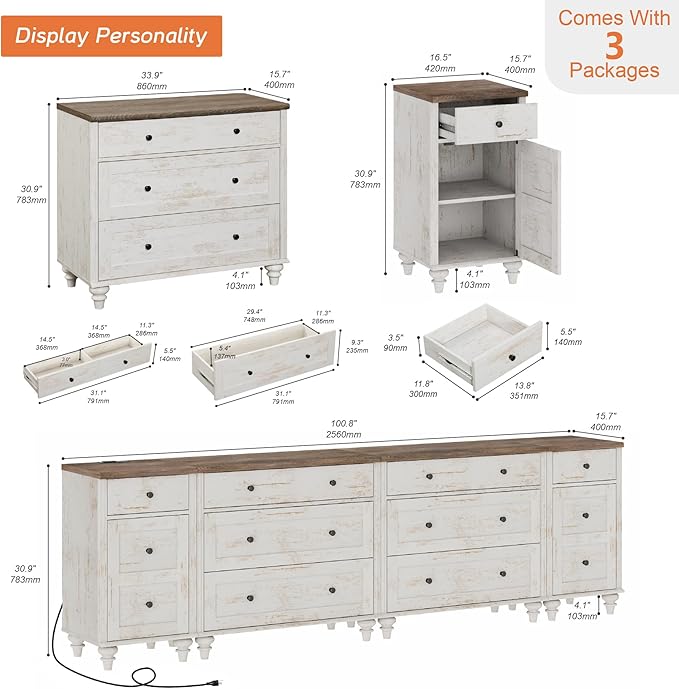 WAMPAT Farmhouse TV Stand for 100 Inch TV, 3-in-1 TV Console Table with 8 Drawers and 2 Storages, Entertainment Center, Nightstands with Charging Station for Living Room, Rustic White