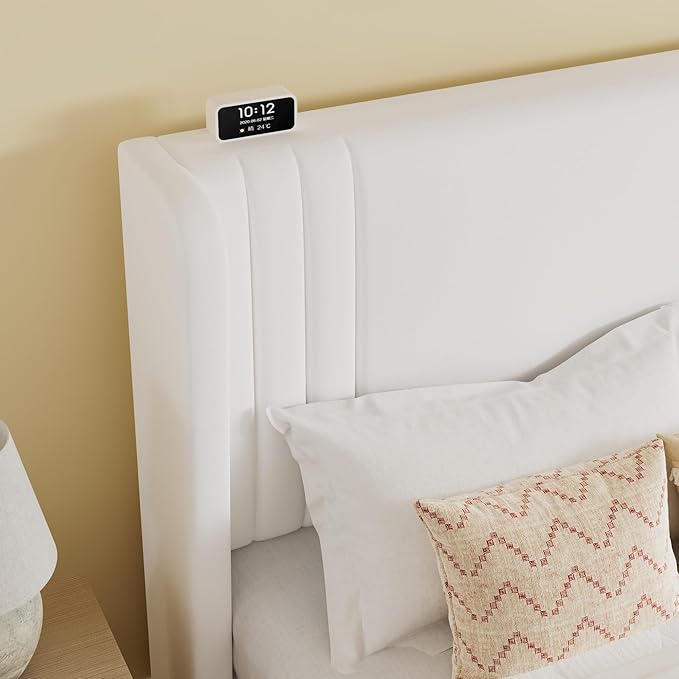 SHA CERLIN King Size Velvet Upholstered Platform Bed Frame with Vertical Channel Tufted Wingback Headboard, Wooden Slats Support, Easy Assembly, Under Bed Storage, No Box Spring Required, White