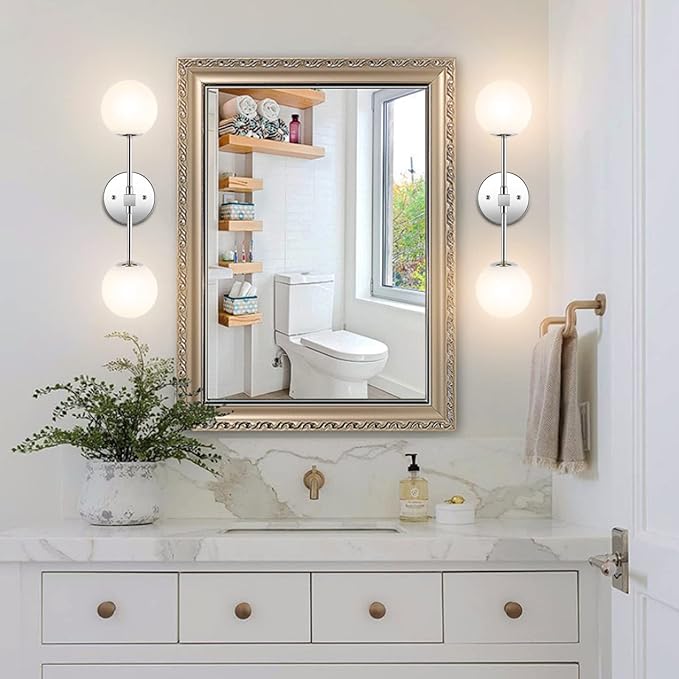 Modern Wall Sconce 2-Lights Industrial Mid Century Bathroom Vanity Wall Light with White Globe Glass Lampshade Brushed Chrome Finished Lighting Fixture (Chrome Color)