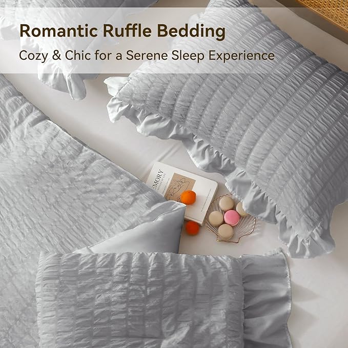 JOLLYVOGUE Light Grey King Comforter Set, 3 Pieces Seersucker Comforters King Size, Lightweight & Fluffy Bedding Sets King for All Season with 1 Ruffle Comforter and 2 Ruffle Pillowshams