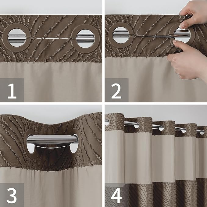 no Hook Shower Curtain and Liner Set，Boho Style with See Through Top Window, Brown Fabric Tufted Striped Textured Outer Curtain & Waterproof Inner Liner, Brown, 71Wx77H