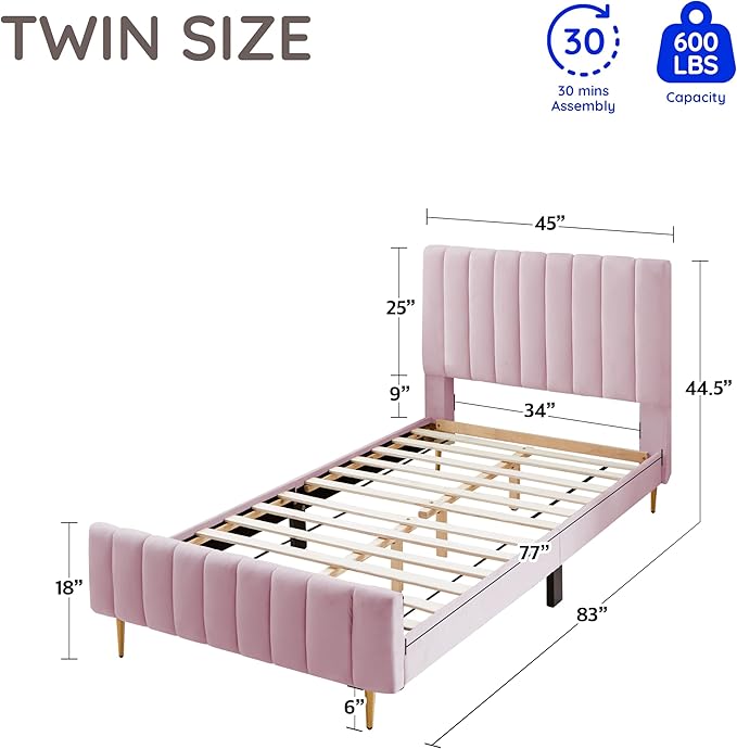Livinia Twin Size Elton Velvet Platform Bed, Upholstered Bed Frame with Vertical Channel Tufted Headboard Footboard, Strong Wood Slats, No Box Spring Needed, Pink (Twin)