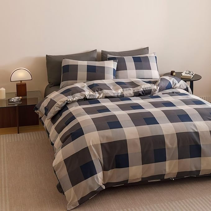 Luxlovery Checkered Navy Comforter Set King Gingham Bedding Set Men's Bedding Grid Bedding Set Fluffy Soft Cottagecore Khaki and Blue Blanket Quilts with 2 Pillowcases King Bed