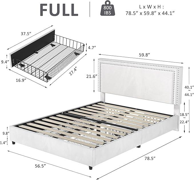 VECELO Full Size Upholstered Platform Bed Frame with 4 Storage Drawers, Adjustable Velvet Rivets Headboard, Wooden Slats Support, No Box Spring Needed, Easy Assembly