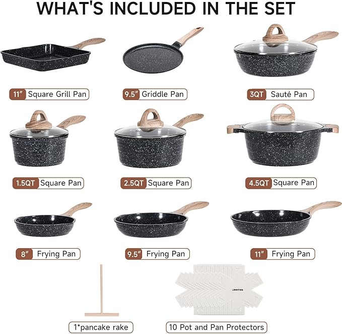 JEETEE 24Pcs Ceramic Cookware Set, Gray Pots and Pans Set Non Stick, Kitchen Healthy Non Toxic Induction Cookware Sets W/Saucepans, Sauté Pan, Griddle, Crepe Pan & Pancake Rake (PFOA, PFAS, PFOS Free)