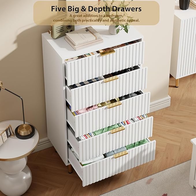 GarveeHome Fluted 5 Drawer Dresser for Bedroom, 48" Tall Modern Chest of Drawers with Deep Drawers and Wide Top, Wooden Dresser Organizer for Living Room, Hallway, Kids Room, White