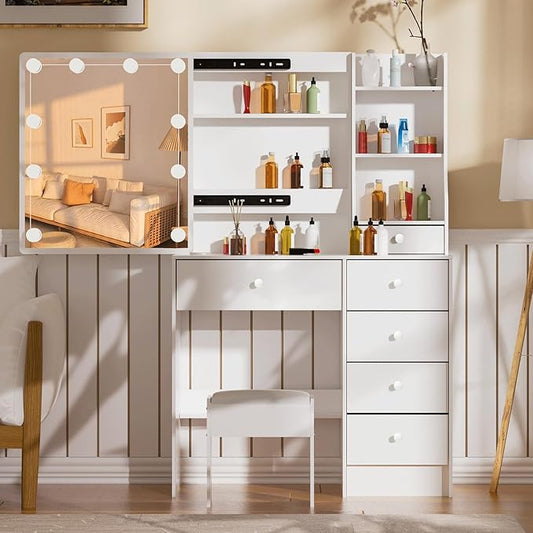 Vanity Desk with Mirror, 10 Lights, Makeup Table with 5 Drawers 6 Shelves, 3 Color Modes, Vanity Set with Chair for Bedroom, White