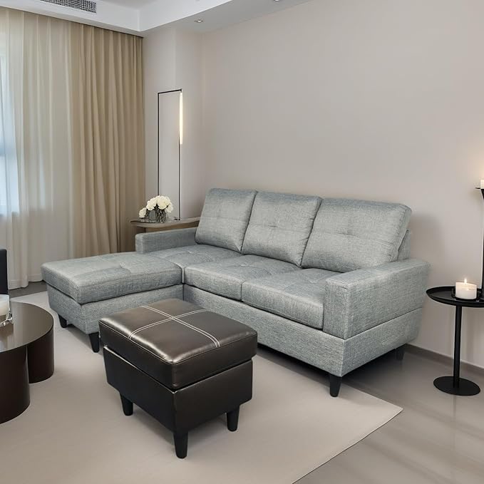 L Shaped Sofa with Ottoman, Modern Faux Leather Couch with Chaise, 3 Seat Living Room Sofa Set with Solid Wood, for Home, Apartment, Study Room, Brown Grey