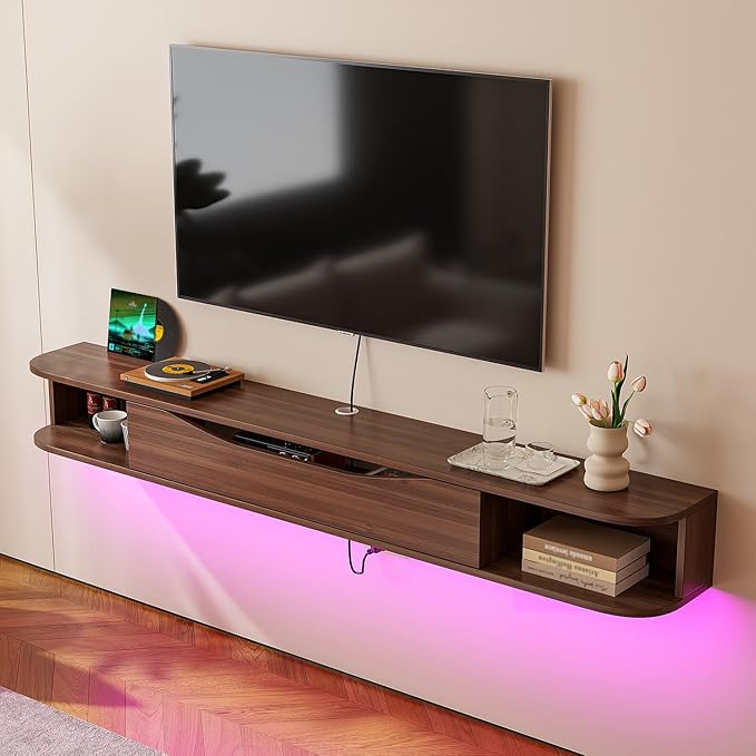 Floating TV Stand,78'' Wall Mounted TV Cabinet,Floating TV Console,Under TV Shelf with 1 Door and 2 Cabinets for TVs up to 78''(Walnut)