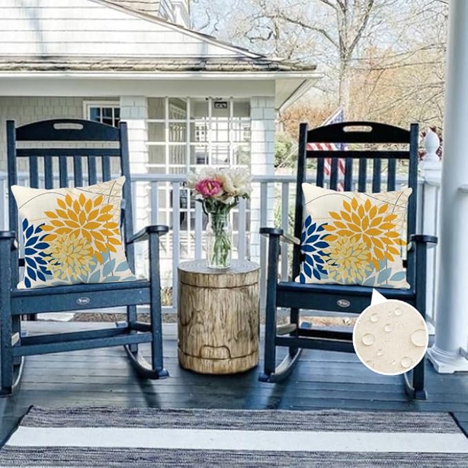 RABUSOFA Outdoor Pillow Covers 20x20 Inch Set of 2 Yellow Blue Flower Decorative Waterproof Spring Summer Floral Outdoor Cushion Covers for Patio Funiture Garden Couch Decor
