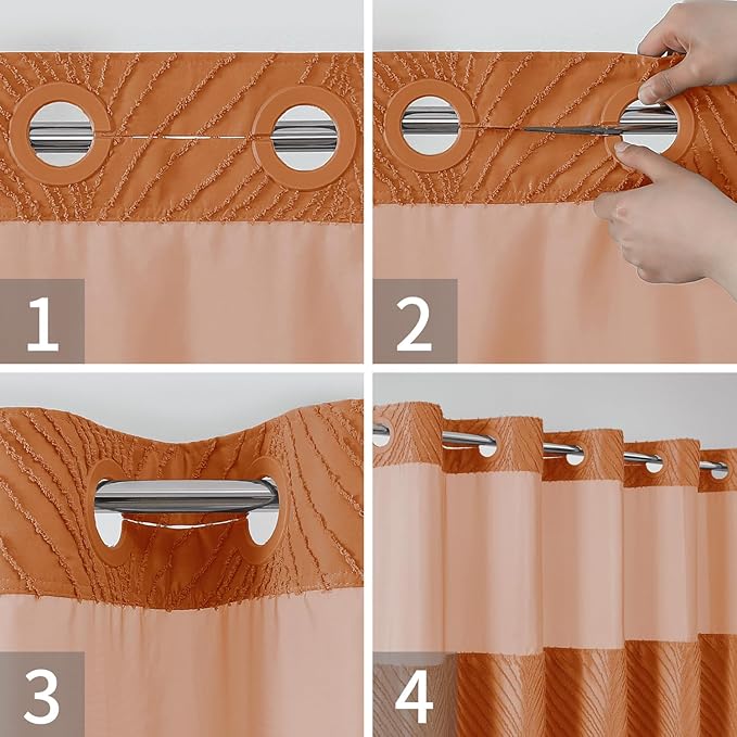 no Hook Shower Curtain and Liner Set，Boho Style with See Through Top Window, BurntOrange Fabric Tufted Striped Textured Outer Curtain & Waterproof Inner Liner, Orange, 71Wx86H