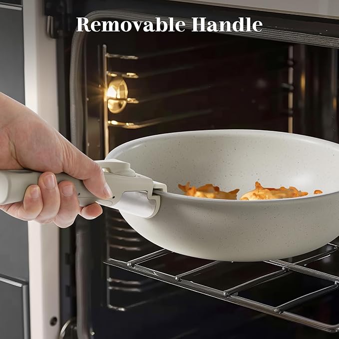 FAB&DELUXE 12 Pcs Nonstick Pots and Pans Set, Granite Cookware Set with Detachable Handle, Induction Compatible, Saucepan, Frying Pan, Silicone Utensils, Dishwasher & Oven Safe, Khaki