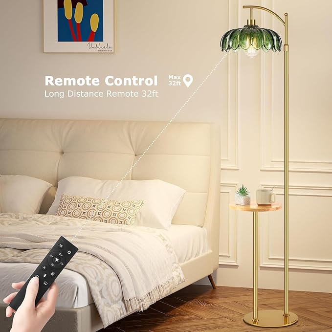 Arc Floor Lamp with Table and Shelves,Gold Floor Lamp for Living Room Glass Floor Lamps with Remote Control & 3 Color Temperature,Dimmable Standing Lamp Tall Flower Floor Lamps for Bedroom Corner