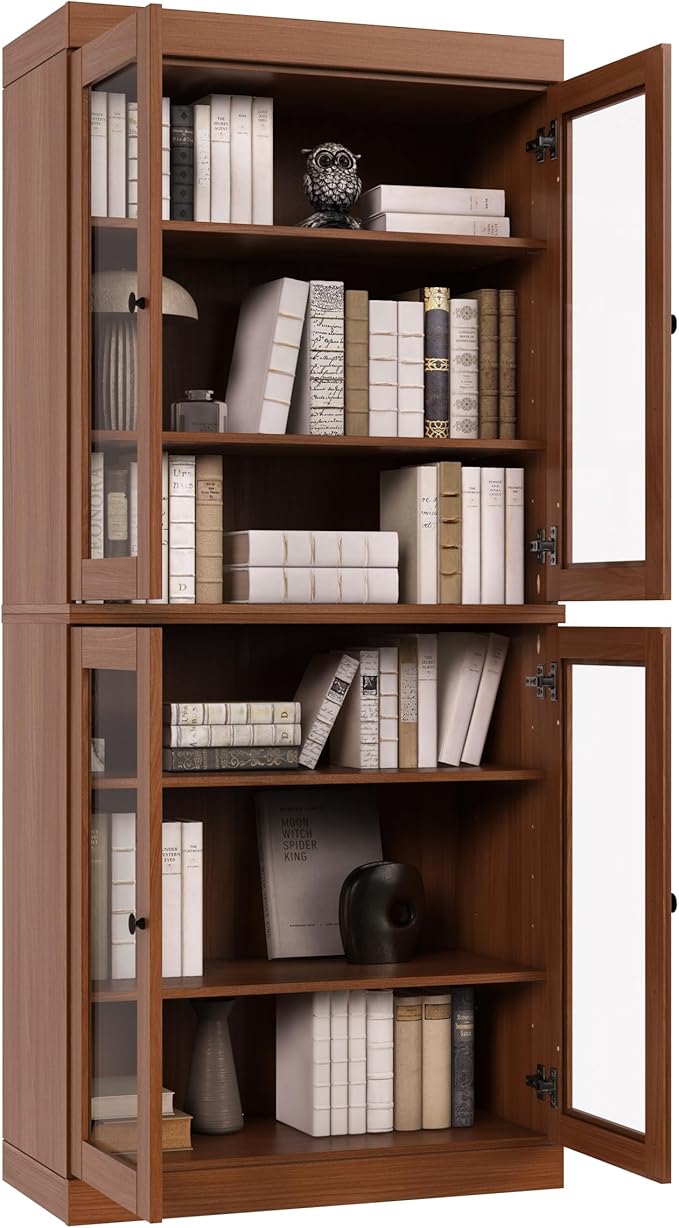 Palace Imports Solid Wood Bookcase - 6-Tier Tall Bookshelf, 71.5” H x 32” W - Mocha, Clear Glass Cabinet Doors & Adjustable Shelves for Living Room, 100% Renewable Eco-Friendly Wood, Made in Brazil