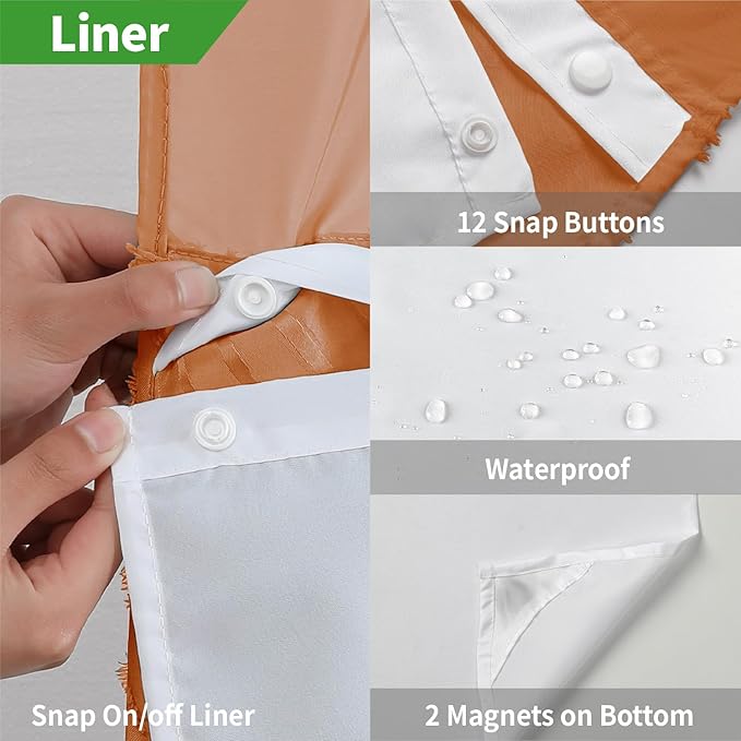 no Hook Shower Curtain and Liner Set，Boho Style with See Through Top Window, BurntOrange Fabric Tufted Striped Textured Outer Curtain & Waterproof Inner Liner, Orange, 71Wx80H