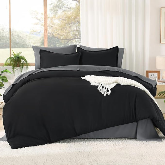 Litanika Comforter California King Size Set Black Grey - 7 Pieces Bed in a Bag California King Bedding Comforter Sets, Plain Lightweight Bed Set with Comforter, Sheets, Pillowcases & Shams