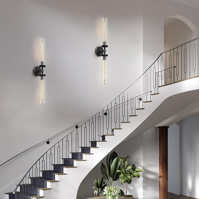 Black Wall Sconces Hardwired, 30" Bronze Wall Sconce for Bathroom, Linear Sconces Wall Lighting, 2-Light Knurled Wall Sconce Dimmable, Vanity Light with Tube Glass, Bathroom Light Fixtures over Mirror