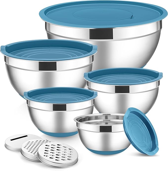 E-far Stainless Steel Mixing Bowls with Lids Set, 5-Piece Nesting Salad Bowls with 3 Grater Attachments and Non-Slip Bottoms, Size 4.6, 2.6, 2, 1.5, 1QT for Kitchen (Blue)