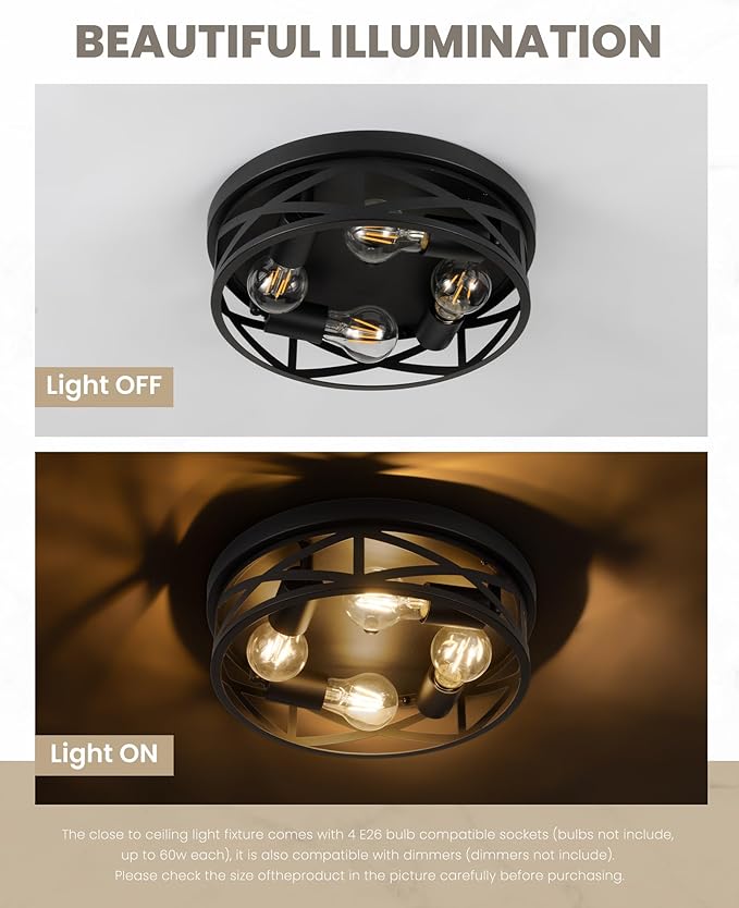 Black Flush Mount Ceiling Light Fixtures,4-Light Modern Hallway Light Fixtures Ceiling, Black Light Fixture Ceiling Mount for Farmhouse,Kitchen, Bedroom 2 Pack