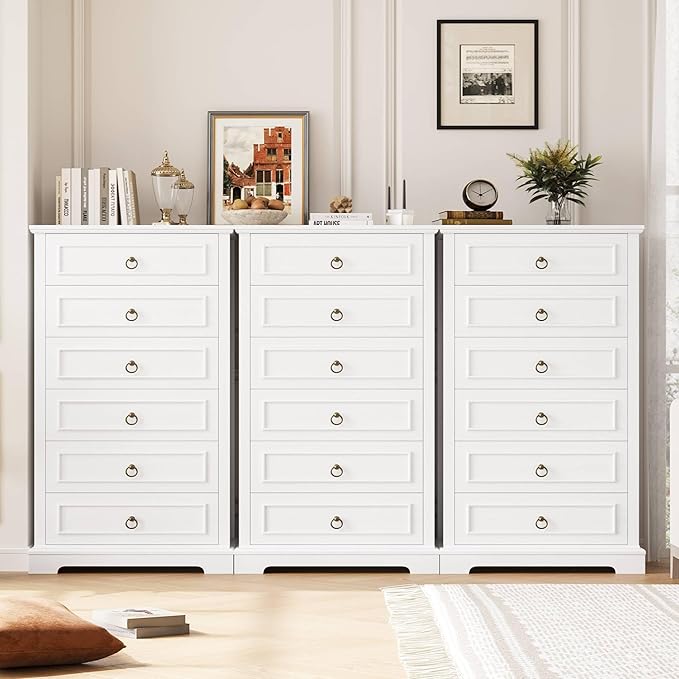 HOSTACK 6 Drawer White Dresser for Bedroom, 52" Tall Dresser, Modern Farmhouse Vertical Chest of Drawers for Bedroom, Wooden Closet Chest, Wood Storage Cabinet for Living Room, Hallway, Entryway