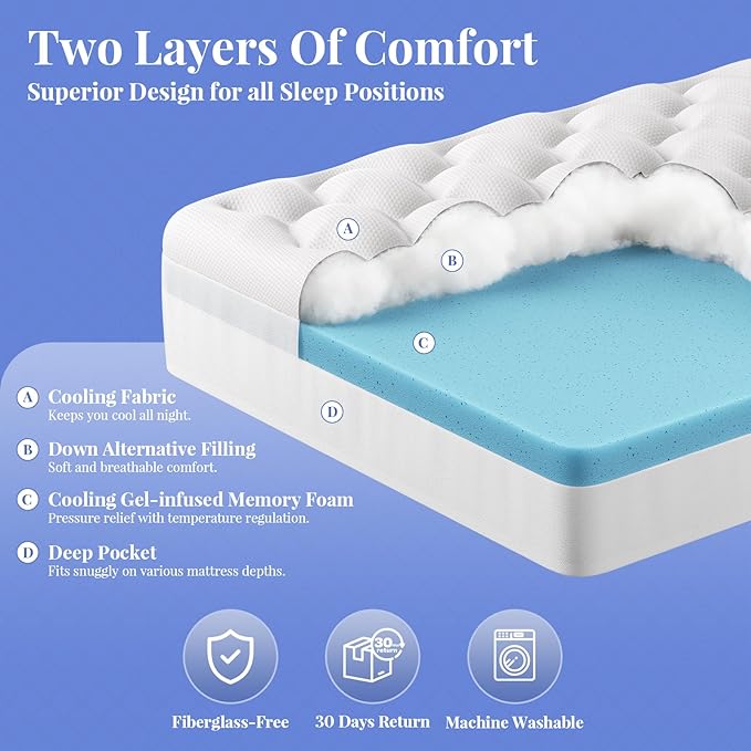 OhGeni Cooling 4 inch Dual Layer Twin Mattress Topper, 2 inch Gel Memory Foam, 2 inch Down Alternative Pillow Top Pad, Mattresses Cover for Bed, Medium Support, Fits 6”-19” Deep Pocket