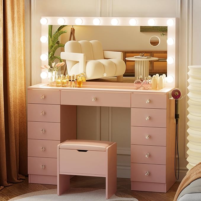 VOWNER Vanity with Lighted Mirror - Makeup Vanity Desk with Glass Top and 11 Drawers, 3 Color Lighting Modes Adjustable Brightness, 46" Vanity Table with Soft Cushioned Stool for Bedroom, Pink