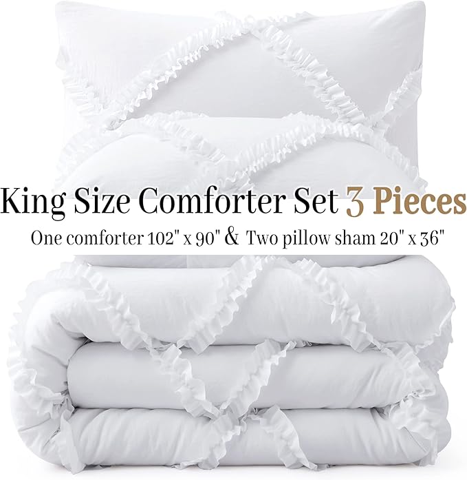 Bonlino King Comforter Set Soft Bedding - 3 Pcs Tufted Decor Fluffy Comforter Boho Bed in a Bag with Cute Lightweight Pillowcase for Dorm Farmhouse Bedroom Luxury Gift(White)