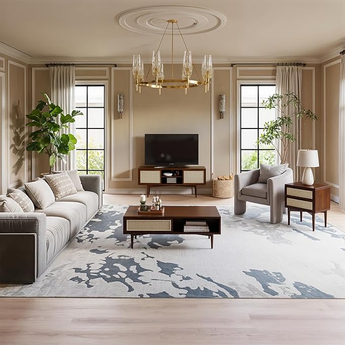 Bme Oliver Coffee Table, Mid Century Modern Coffee Table, Side Table with Storage, 2 Drawers & Open Compartments, Solid Wood Legs with Adjustable Levelers, Rattan Accent for Living Room, Walnut