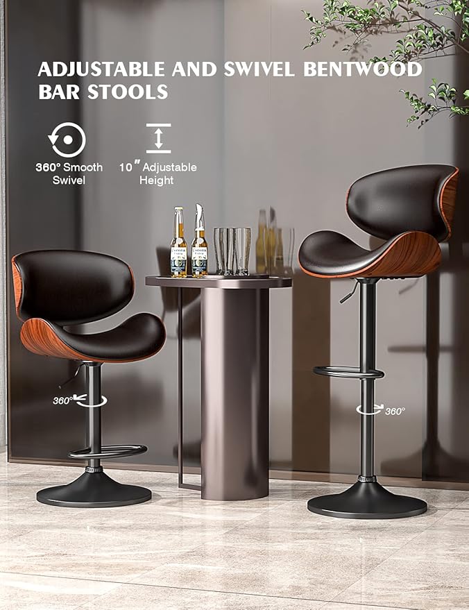 Bar Stools Modern PU Leather Adjustable Swivel Barstools, Kitchen Counter Bar Stool, Island Barstool with Back Set of 2(Black)