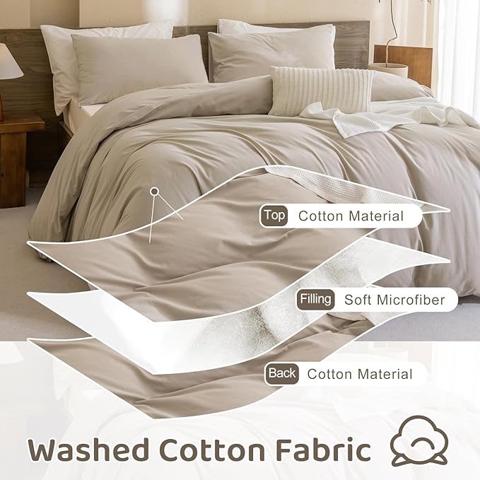 Sanracie Cotton Comforter Set Queen,Linen Like Textured Bedding Comforter for Queen Size Bed 3 Pieces(1 Solid Comforter and 2 Pillowcases) Soft Lightweight Bedding Set