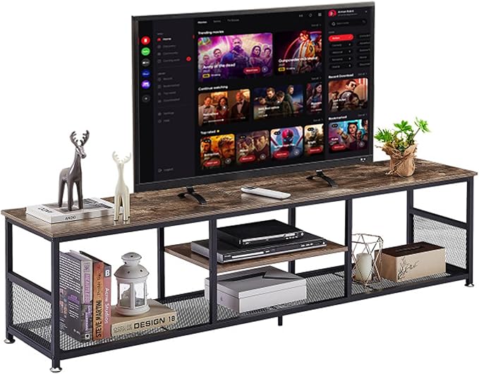 VECELO Industrial TV Stand for Televisions up to 80 Inch, 70" Entertainment Center with Open Storage Shelves for Living Room/Bedroom, 3 Tiers Media Console Table with Metal Frame, Brown, 70 Inches