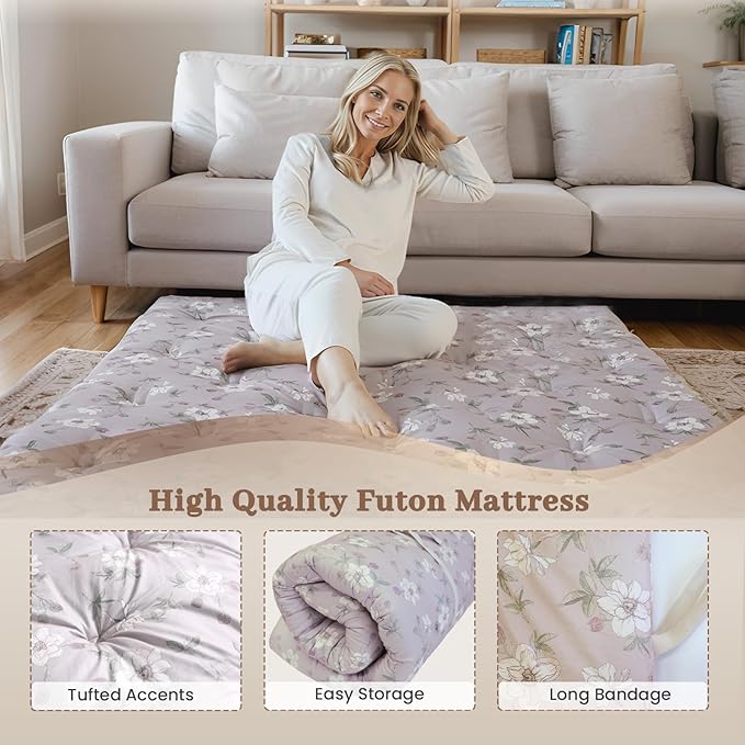 Syrinx Japanese Floor Futon Mattress, Foldable Tatami Sleeping Pad for Adults & Kids, Roll-Up Floor Bed or Bench Cushion