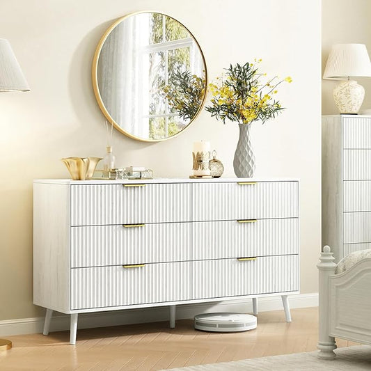 CARPETNAL Fluted 6 Double Drawers White Dresser for Bedroom, 55”Wide Modern Chest of Drawers with Deep Drawers,Wood Drawer Organizer for Bedroom Living Room, Hallway, White