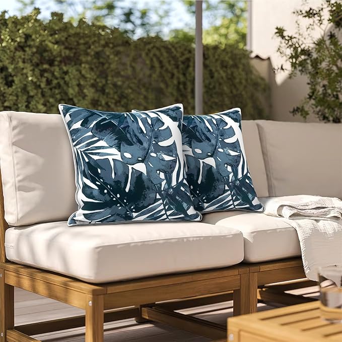 Outdoor Throw Pillows Inners, Fade Resistant Patio Furniture Square Pillows with Piping Set of 2, 18x18 Inch, Palm Blue